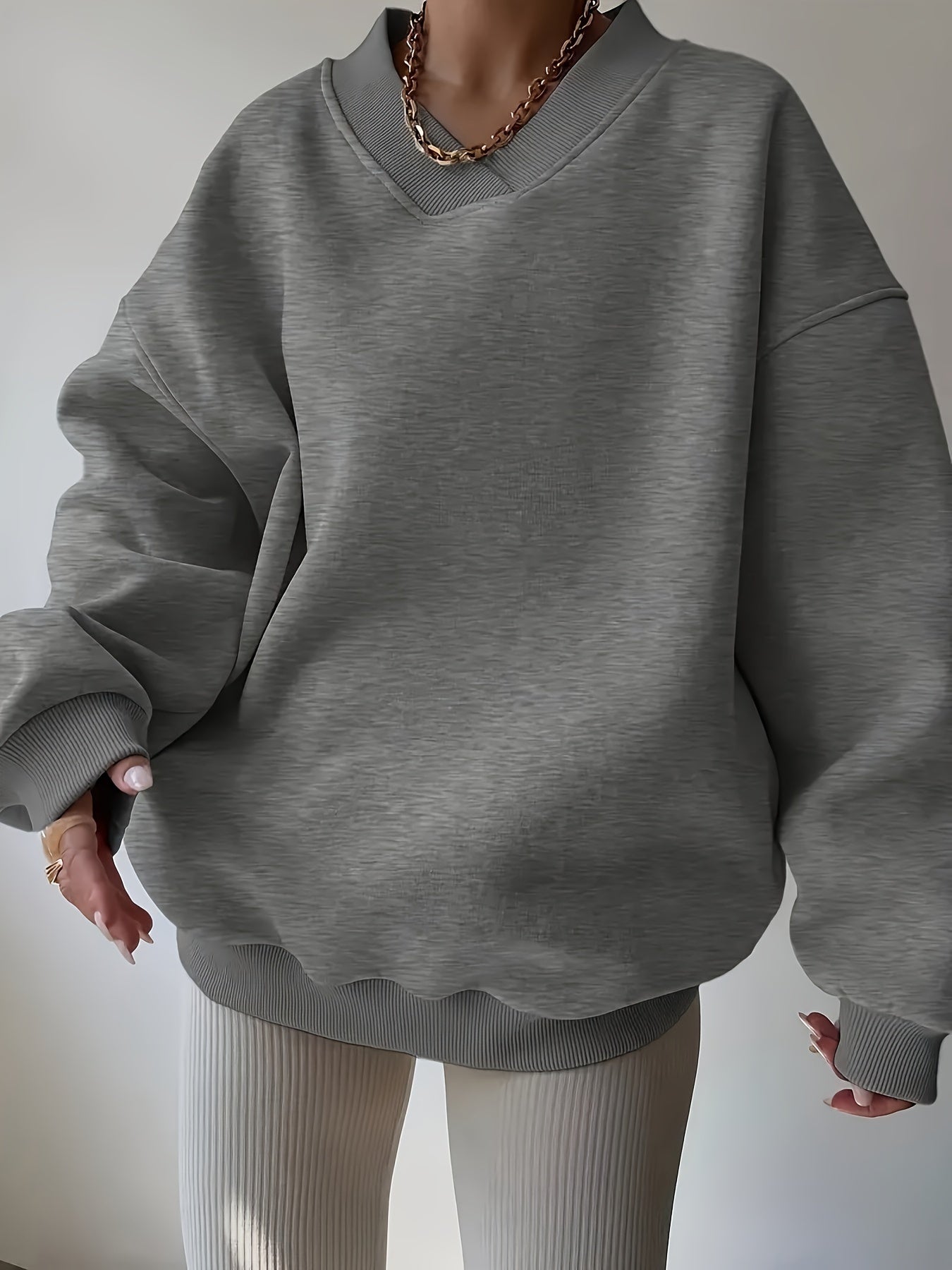 Plus Size Women's V-Neck Ribbed Sweatshirt Heather Gray Oversized Pullover