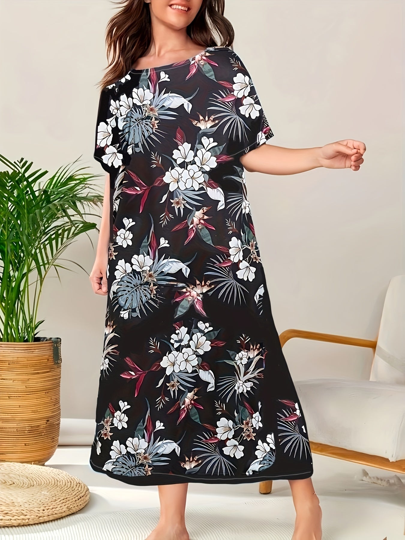 Plus Size Floral Nightgown Polyester Spandex Sleepshirt All-Season Comfortable