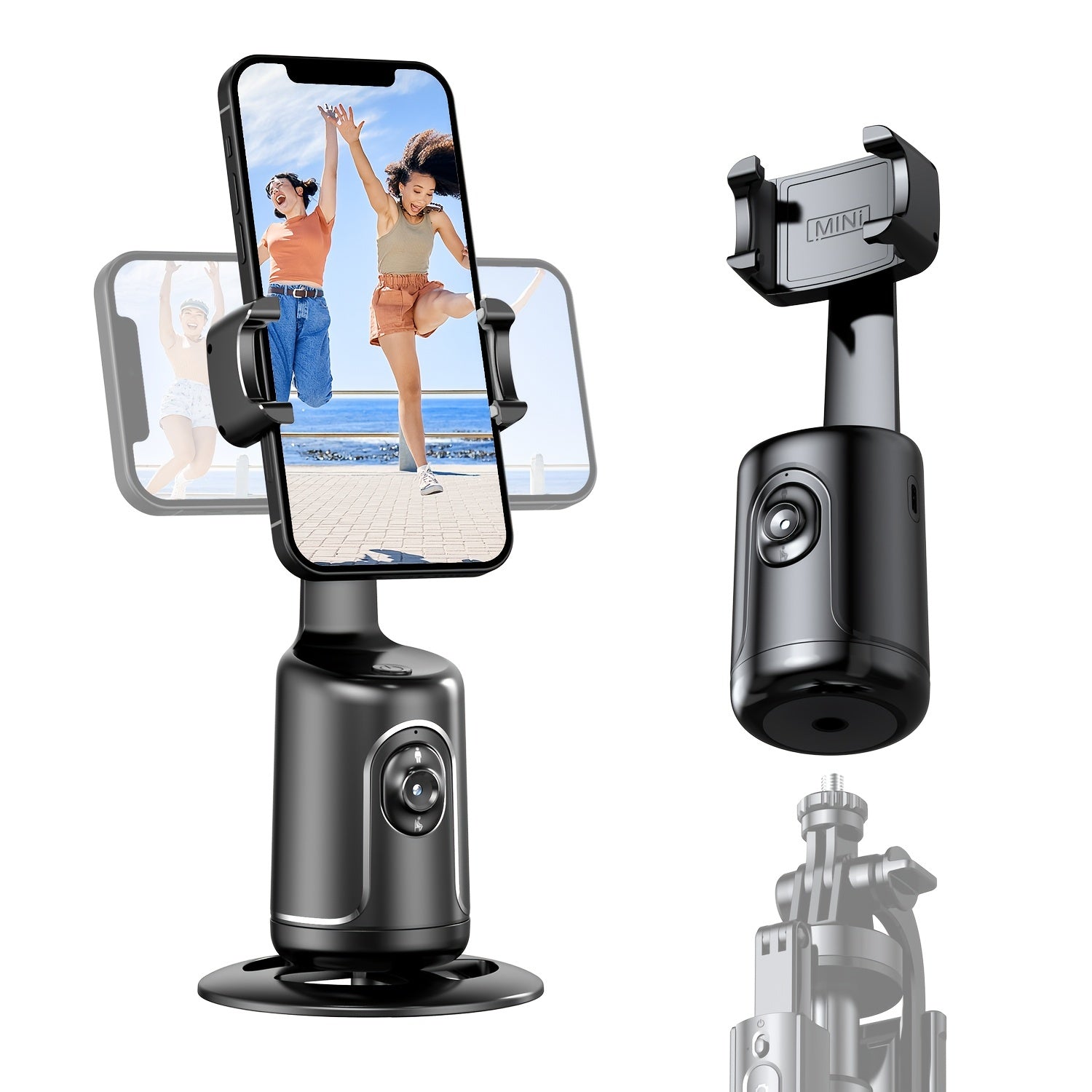 Self-Tracking Phone Tripod with 360° Rotation No App Needed Rechargeable Battery Black