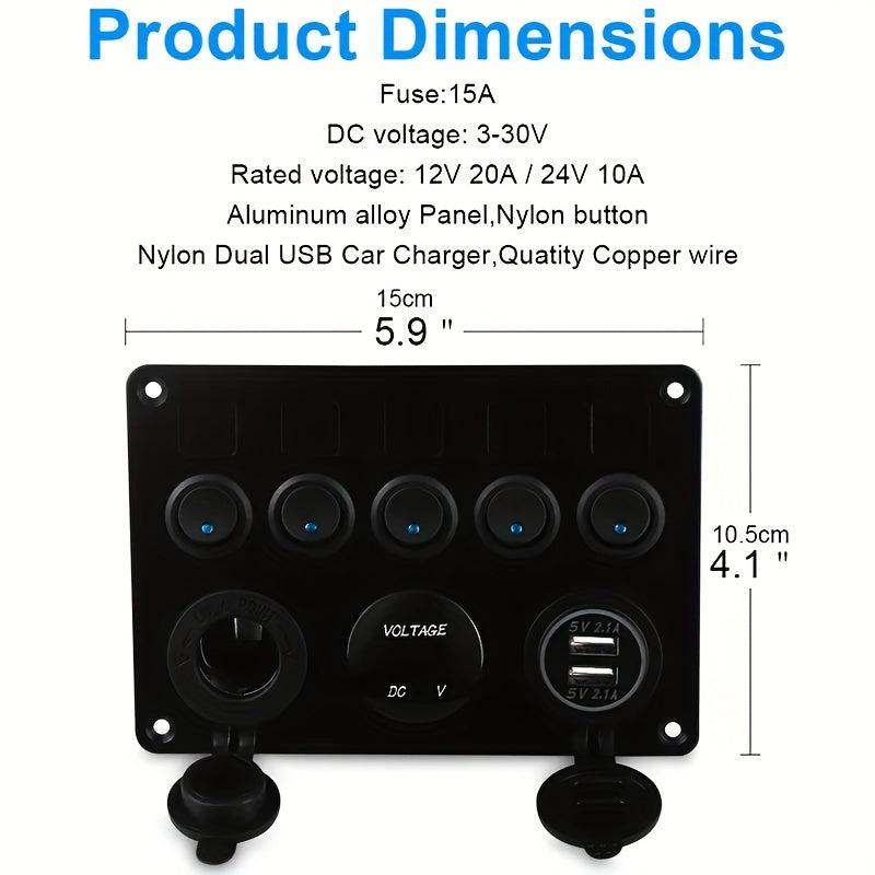 Multi-Function 5 Gang Rocker Switch Panel with USB Charger Volt and Fuse