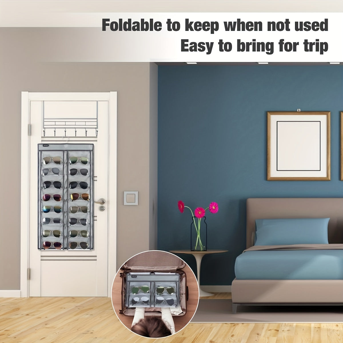 Dual Sided Hanging Sunglasses Organizer with 32 Dustproof Pockets for Home Storage