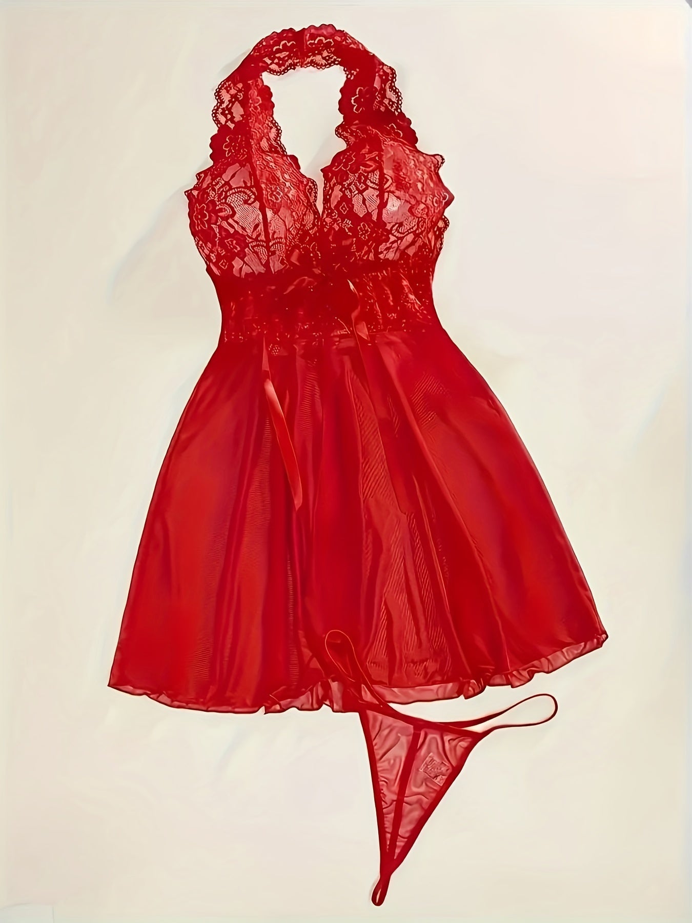 Lingerie Set with Lace Flower Pattern Semi-Sheer Deep V Dress and Thong