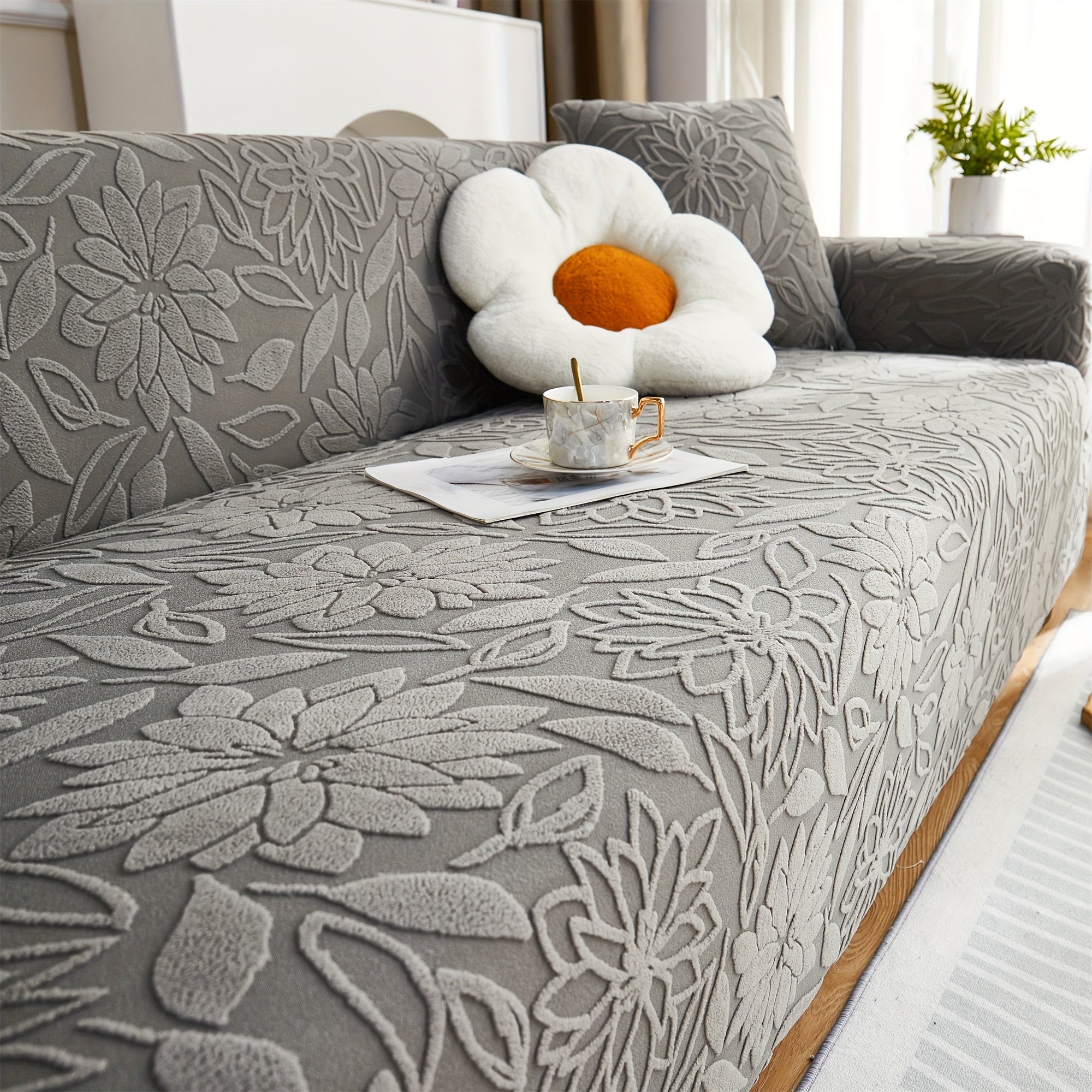 Camellia Jacquard Sofa Cover with Elastic Band and Matching Pillowcase Fits All Sizes Machine Washable