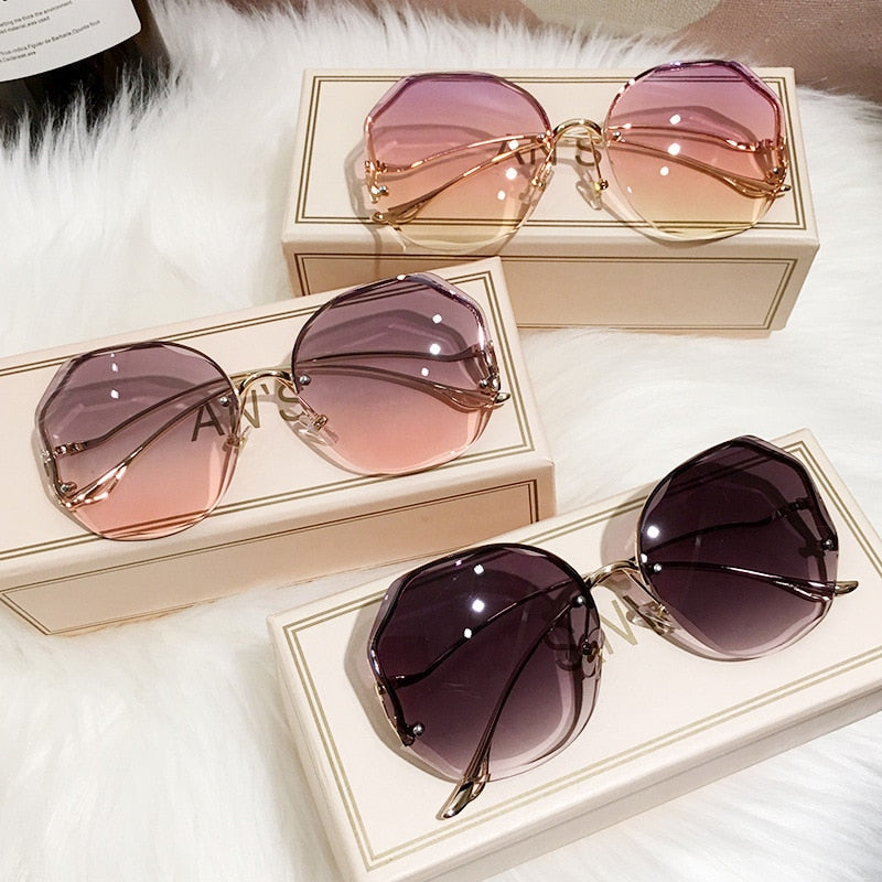 Unisex Fashion Glasses Thin Metal Semi-Rimless Color Block Ombre Lens