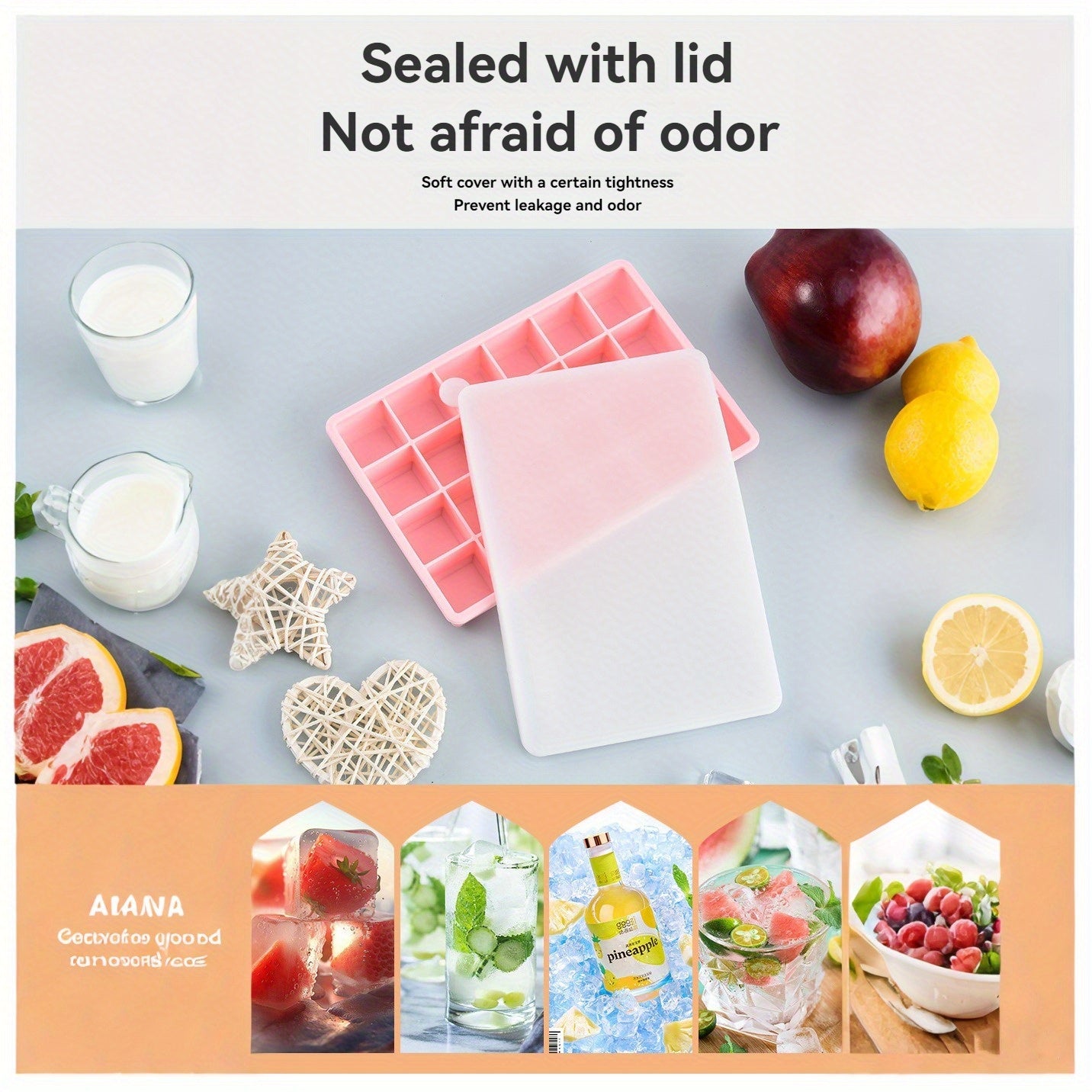 Silicone Ice Cube Tray Mold with Lid 15/24 Square Grids BPA-Free