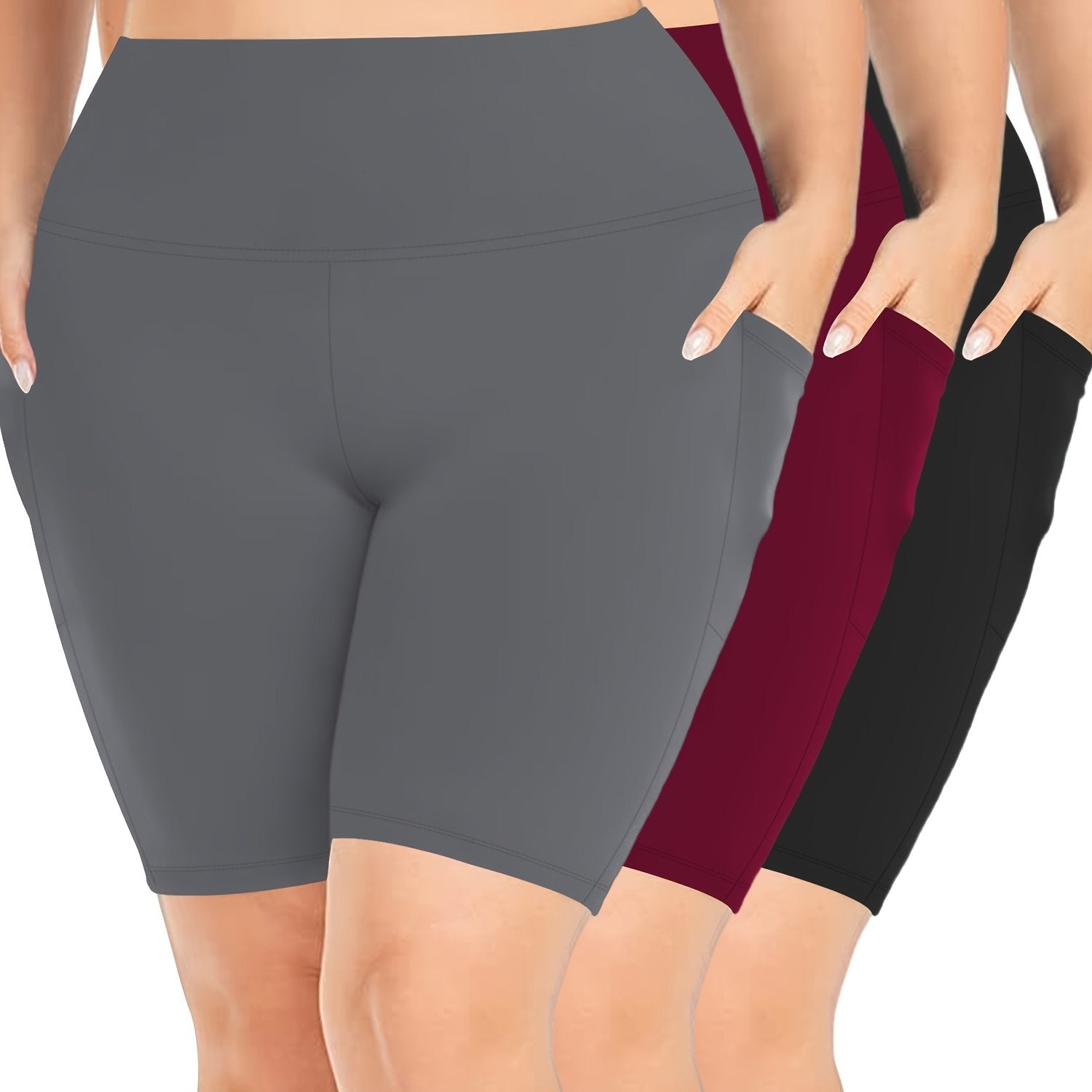 Women Plus Size High-Waisted Capri Leggings Stretchy Maroon Pockets