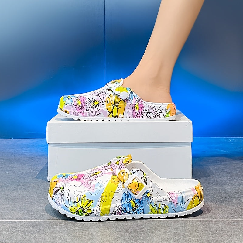 Women’s Summer Tie-Dye Clogs With Floral Design And Thick EVA Soles