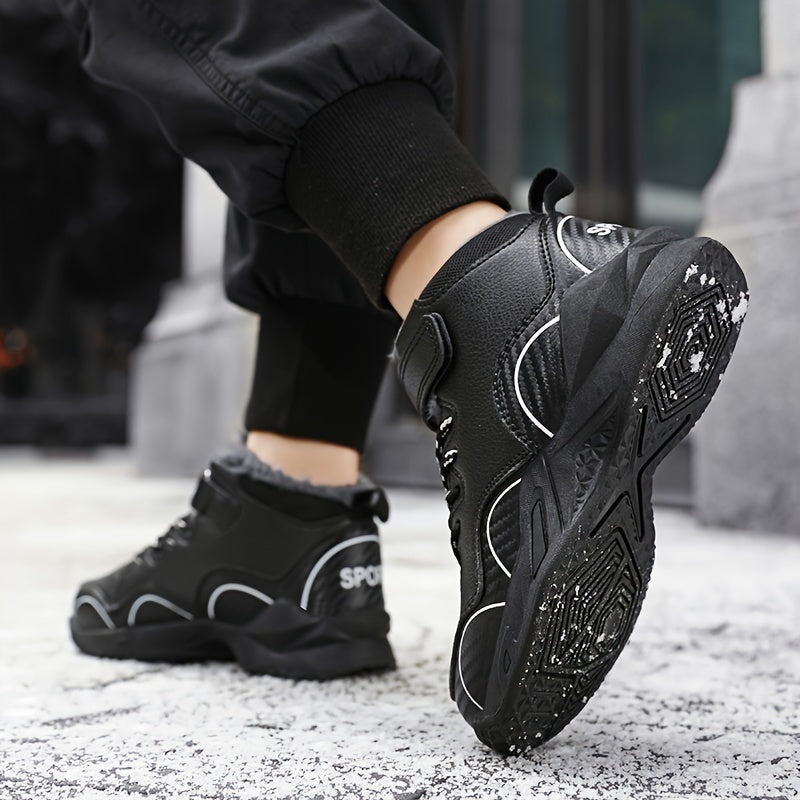 Kids Winter Basketball Sneakers High-Top Fleece-Lined Non-Slip Casual Outdoor Black White