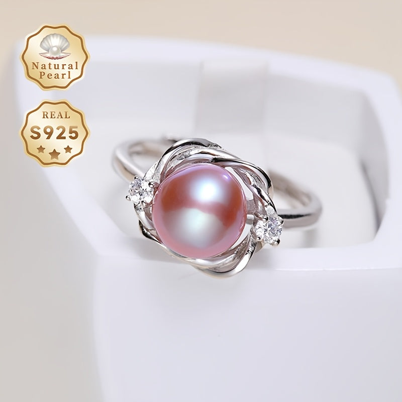Women's Purple Pearl Ring Adjustable Silver 8-9mm Birthdays Weddings