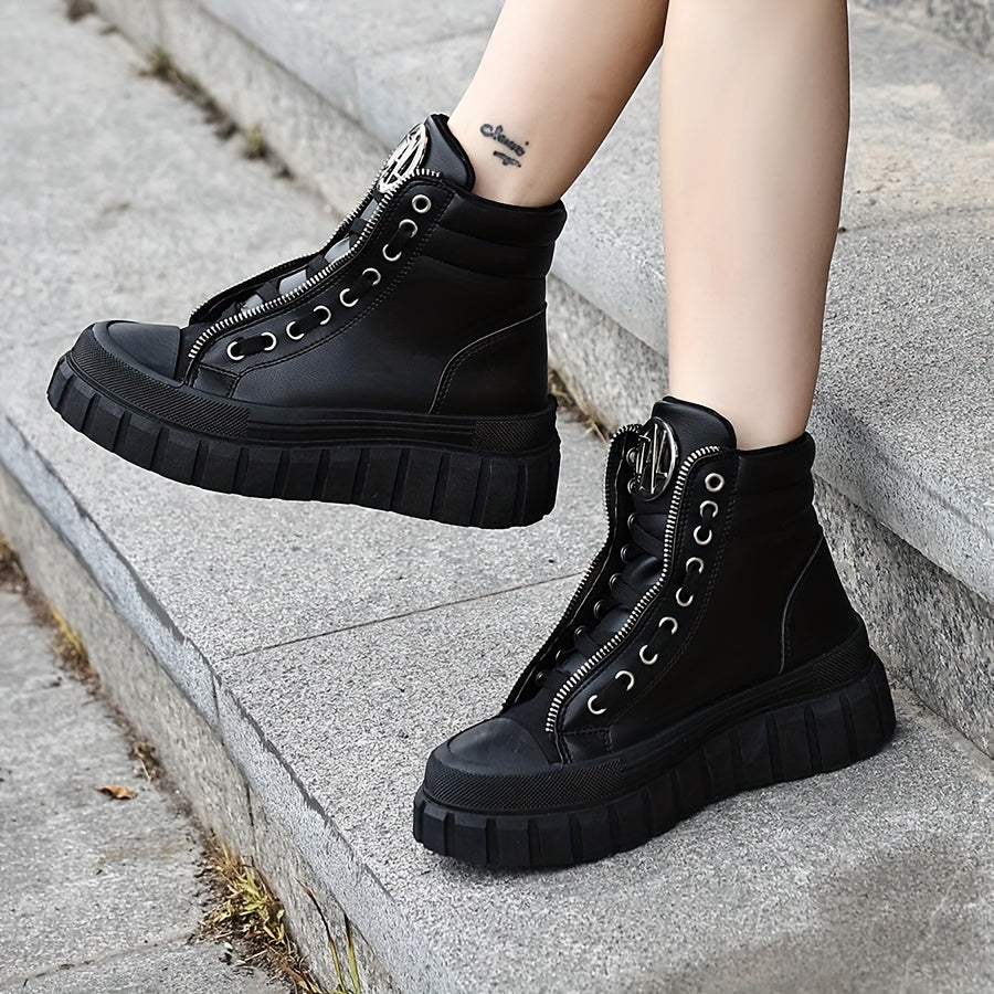 Women's Black High-Top Platform Boots with Zipper and Metallic Accents