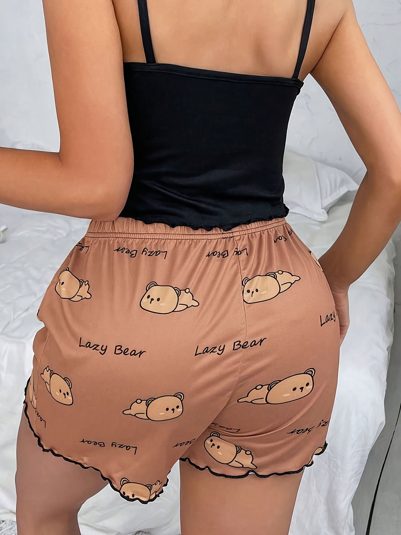 Women's Sleep Shorts with Bear Pattern, Frill Trim, Bow Tie, Polyester, Cute