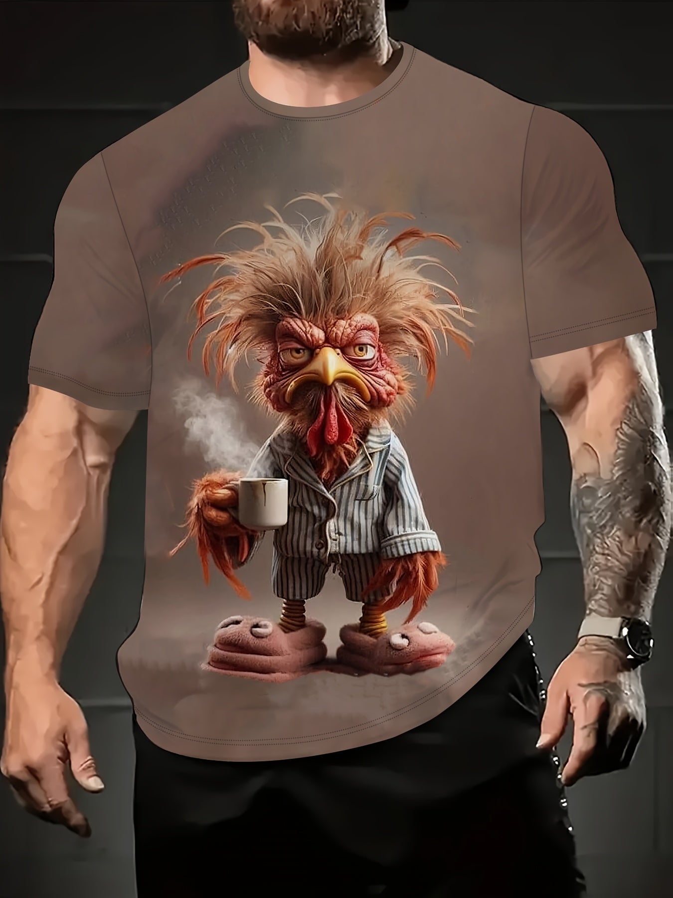 Мужская футболка большого размера с принтом петуха, круглый вырез, короткий рукав, повседневный уличный стиль, полиэстер спандекс, глубокий коричневый