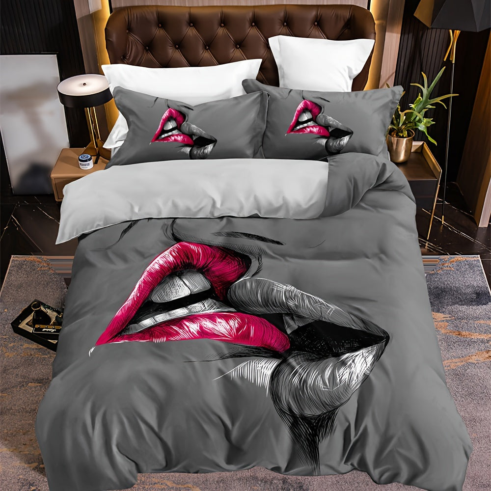 Couple Bedding Set with Crimson Lips Kissing Sketch Duvet Cover and Pillowcases
