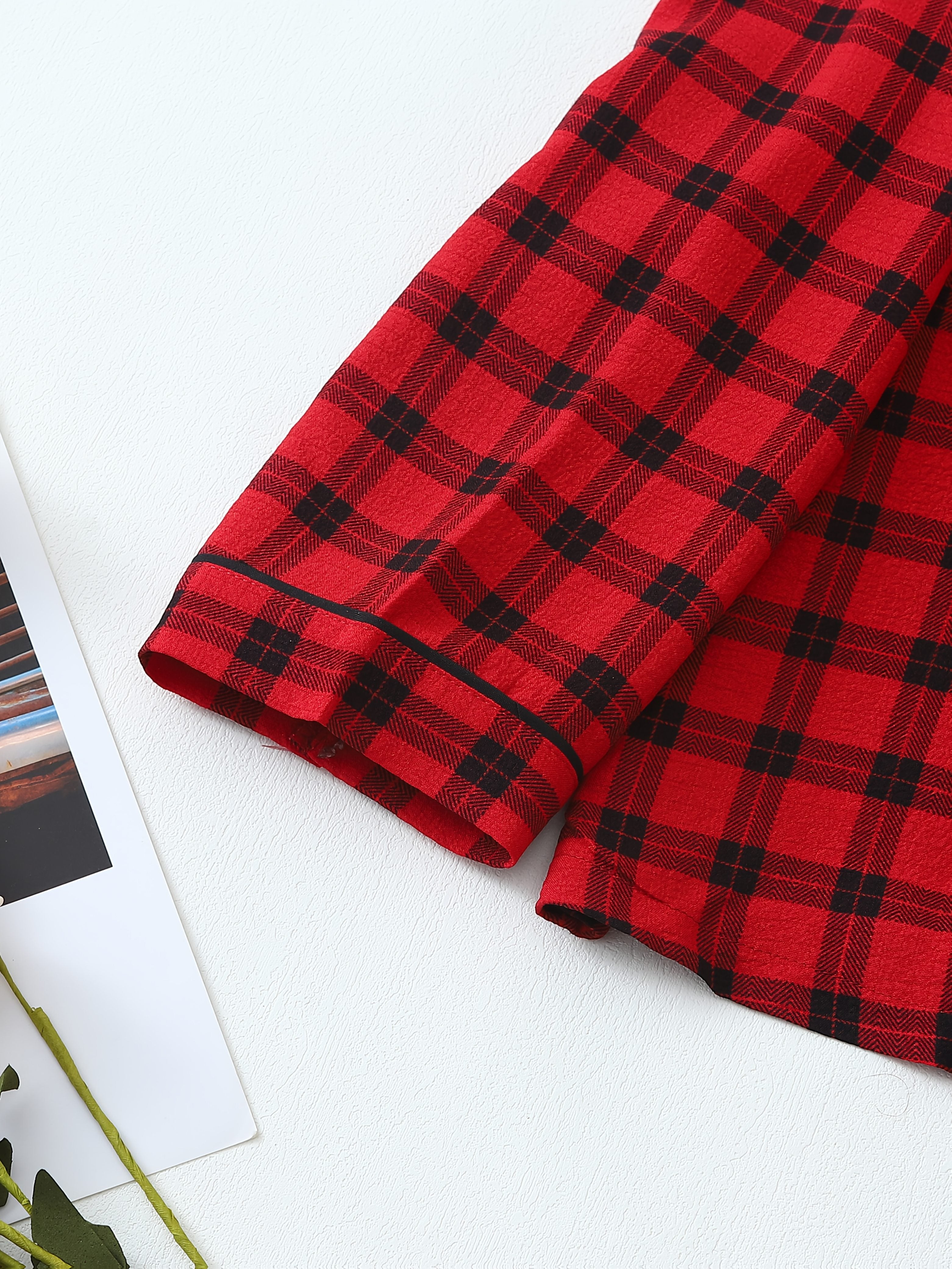 Men's Red Plaid Pajama Set Long Sleeve Polyester Knit Casual Sleepwear