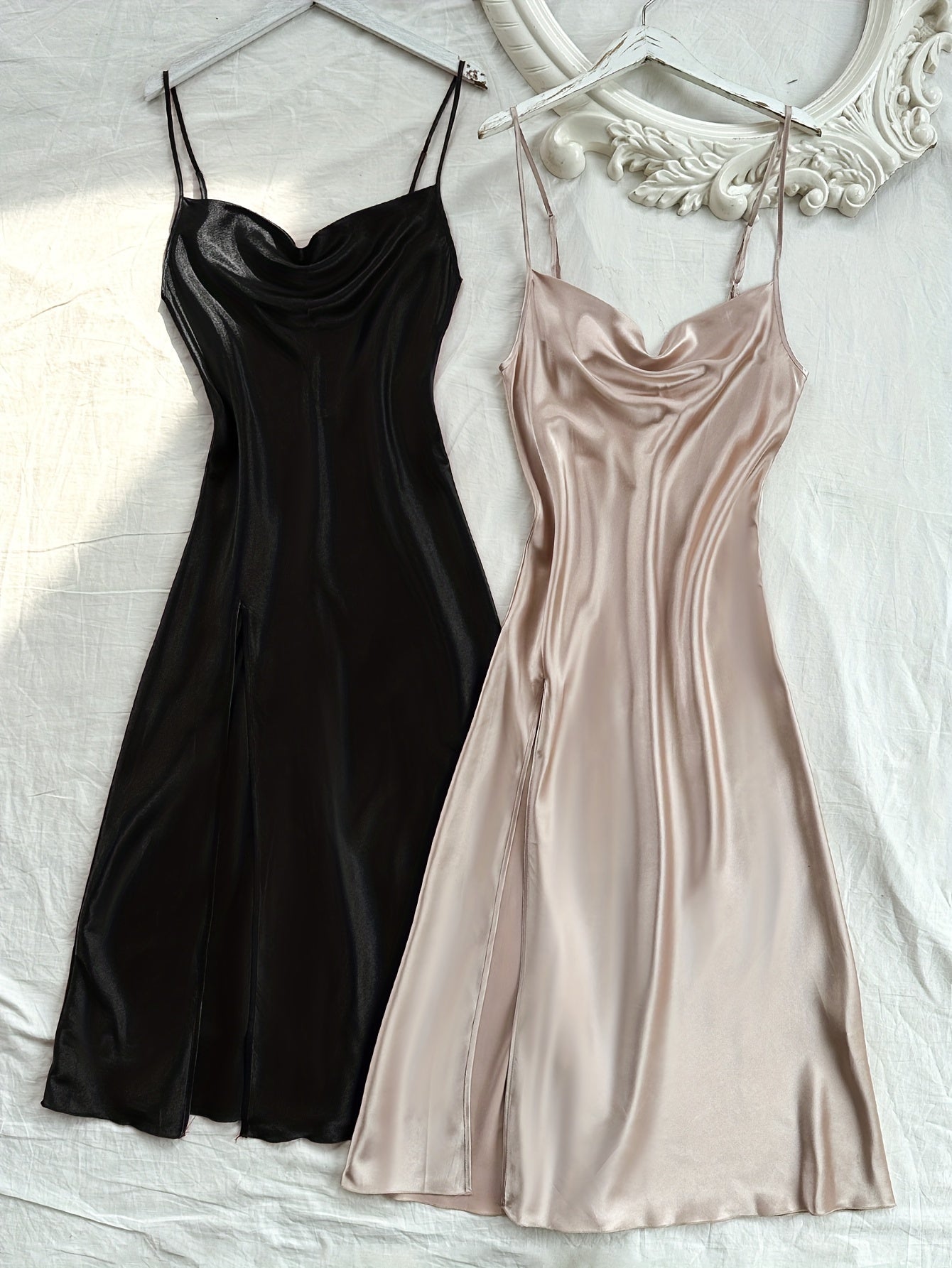 Women's Satin Turtleneck Sleep Dress Backless Split Solid Color Nightgown All-Season