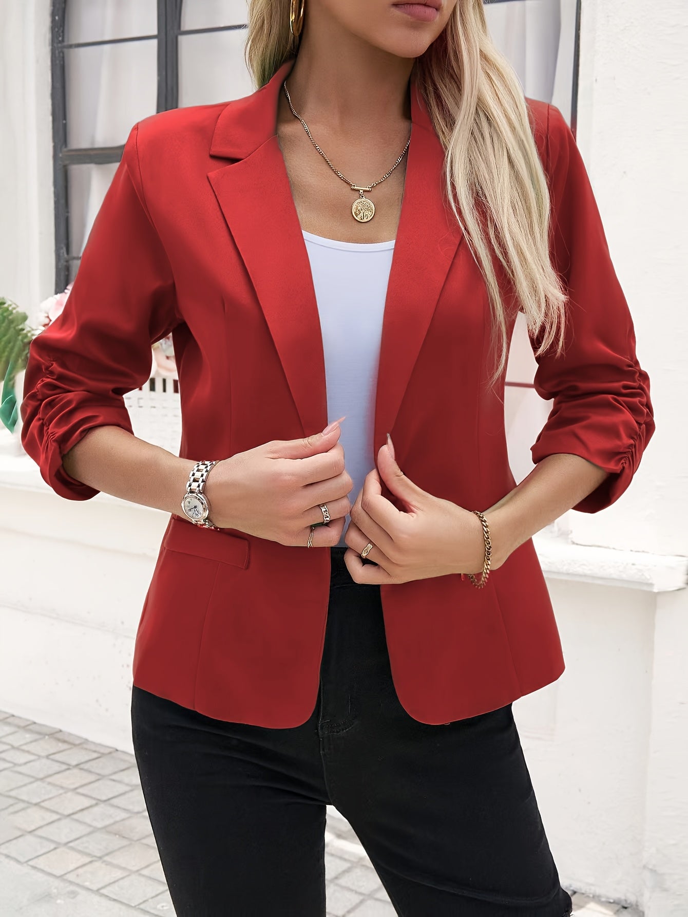 Women's Slim-Fit Casual Blazer Polyester Solid Color Spring Fall Roll-Up Sleeves Single Button Placket