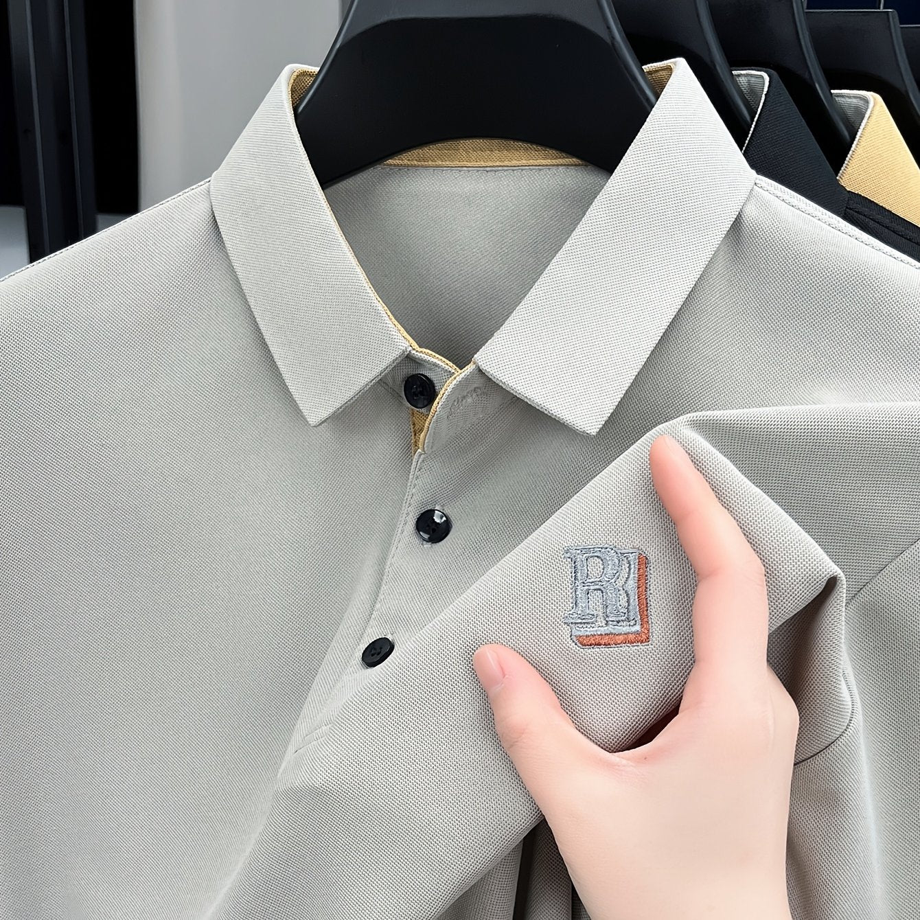 Men's Summer Casual Knitted Shirt Short Sleeve Embroidered Lettering Solid Color Breathable Fabric