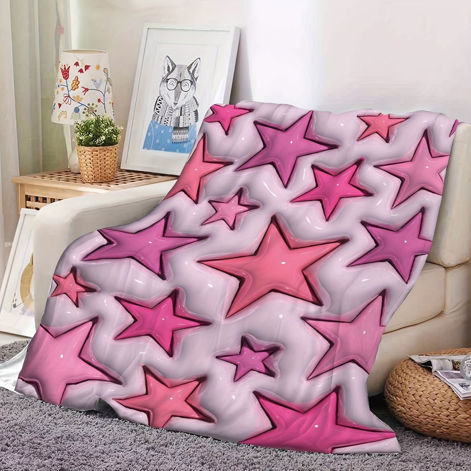 Star Pattern Flannel Throw Blanket for All Seasons Polyester Knitted Digital Print 200-250 GSM