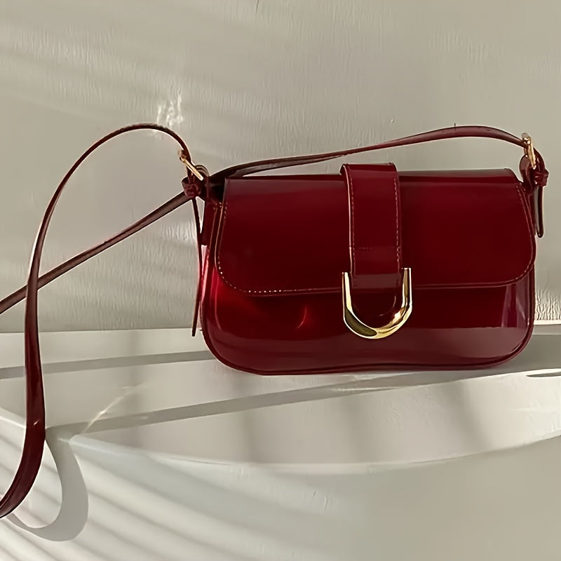 Red Baguette Bag for Women with Detachable Strap and Gold Hardware