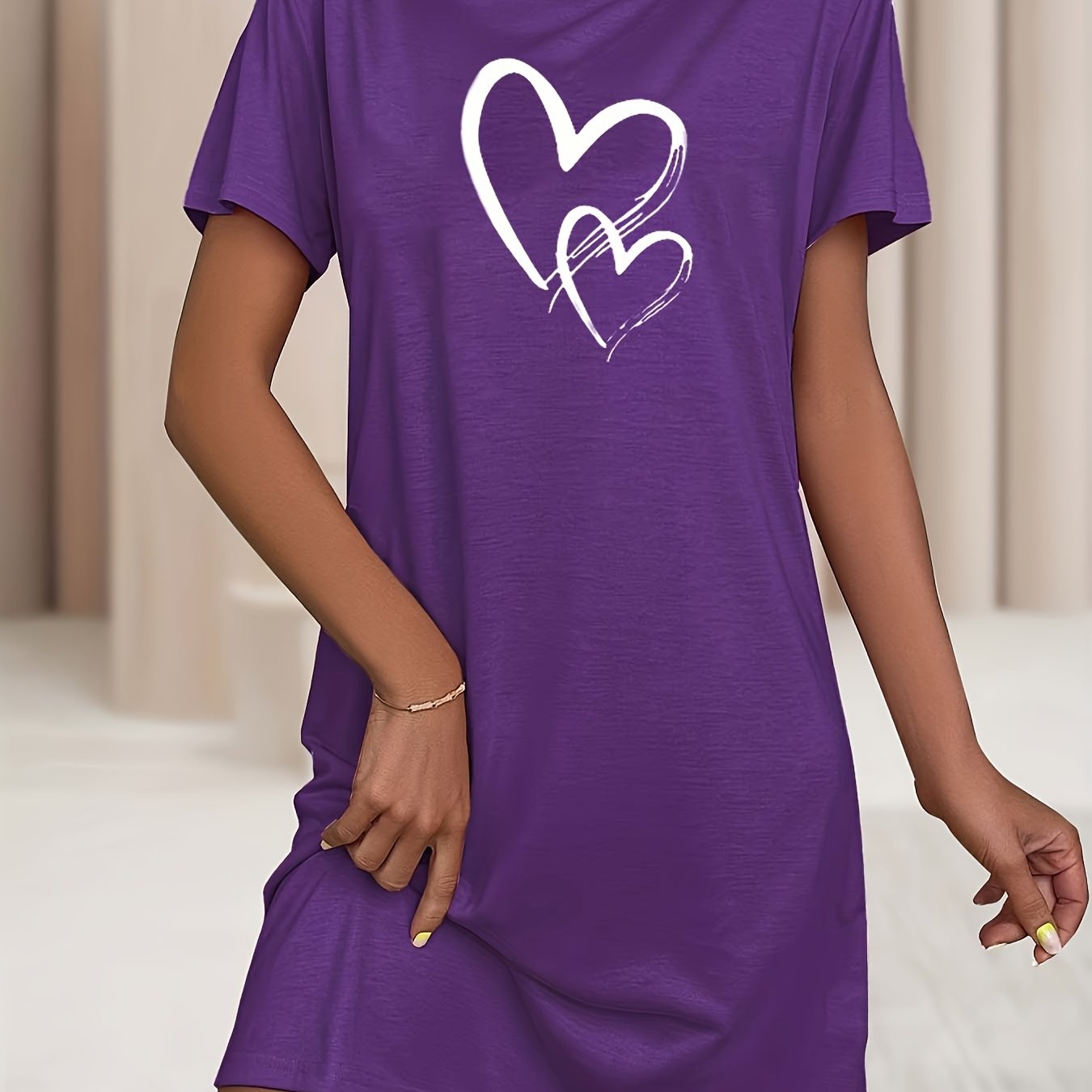 Women's Plus Size Heart Print Sleep Dress Soft Stretchy Nightgown Yellow