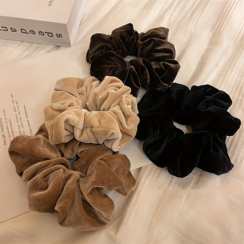 Set of 4 Velvet Scrunchies for Women in Beige Brown Black Hair Accessories