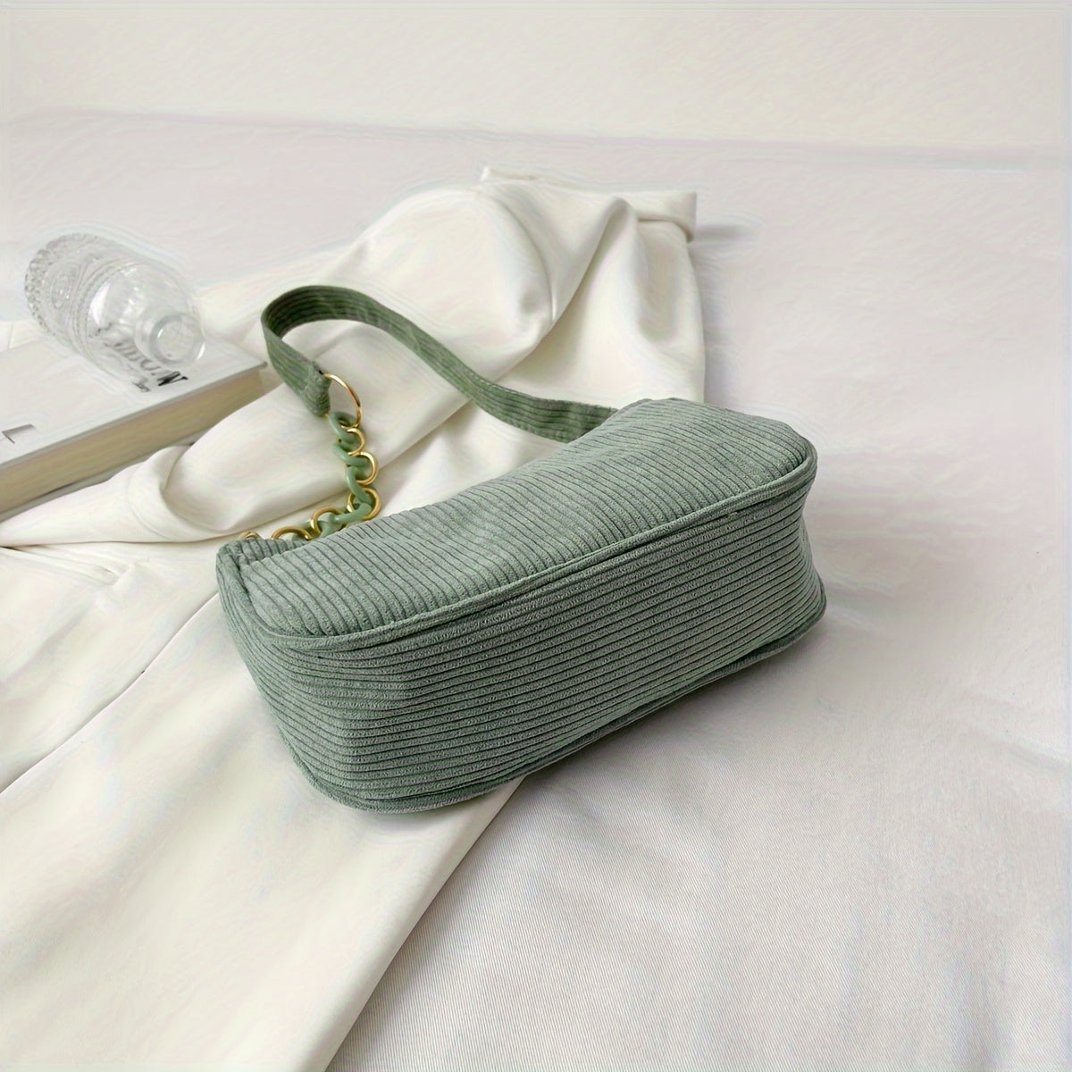 Vintage Corduroy Shoulder Bag with Chain Strap Zipper Closure for Women Black Pink