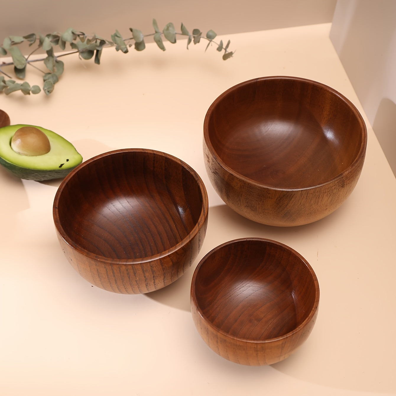 Wooden Bowl for Rice Soup Noodles Durable Indoor Outdoor Anti-Scald Kitchen Tableware