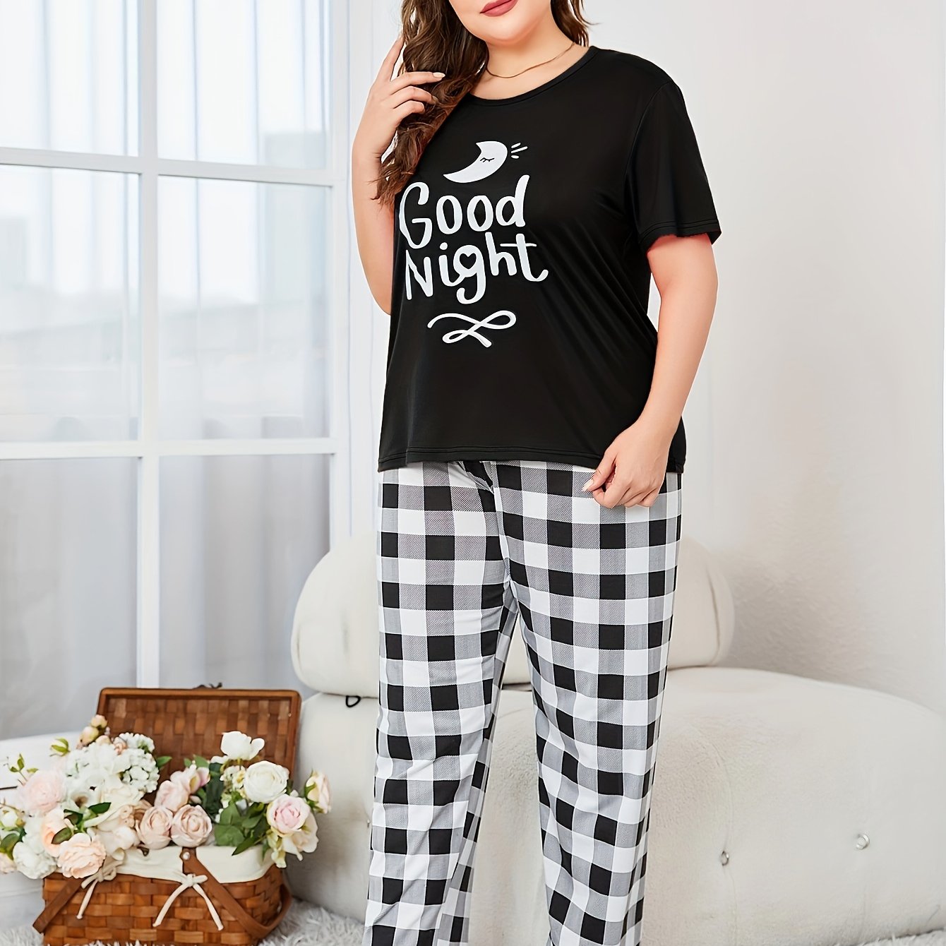 Plus Size Casual Loungewear Set Women's Short Sleeve Top Gingham Pants