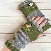 Warm Fingerless Gloves with Double Color Block Design and Hummingbird Embroidery