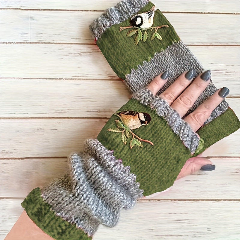 Warm Fingerless Gloves with Double Color Block Design and Hummingbird Embroidery