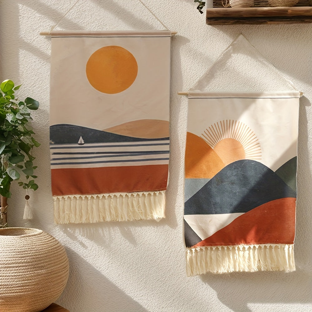 Bohemian Linen Wall Tapestry with Fringe Border Sun and Sailboat Design for Living Room or Bedroom