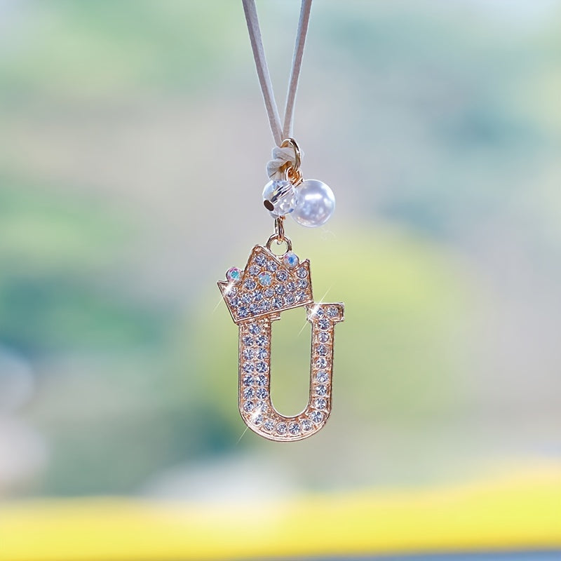 Alphabet Car Mirror Charm Set with Sparkling Crown Pendants for Vehicle Decoration