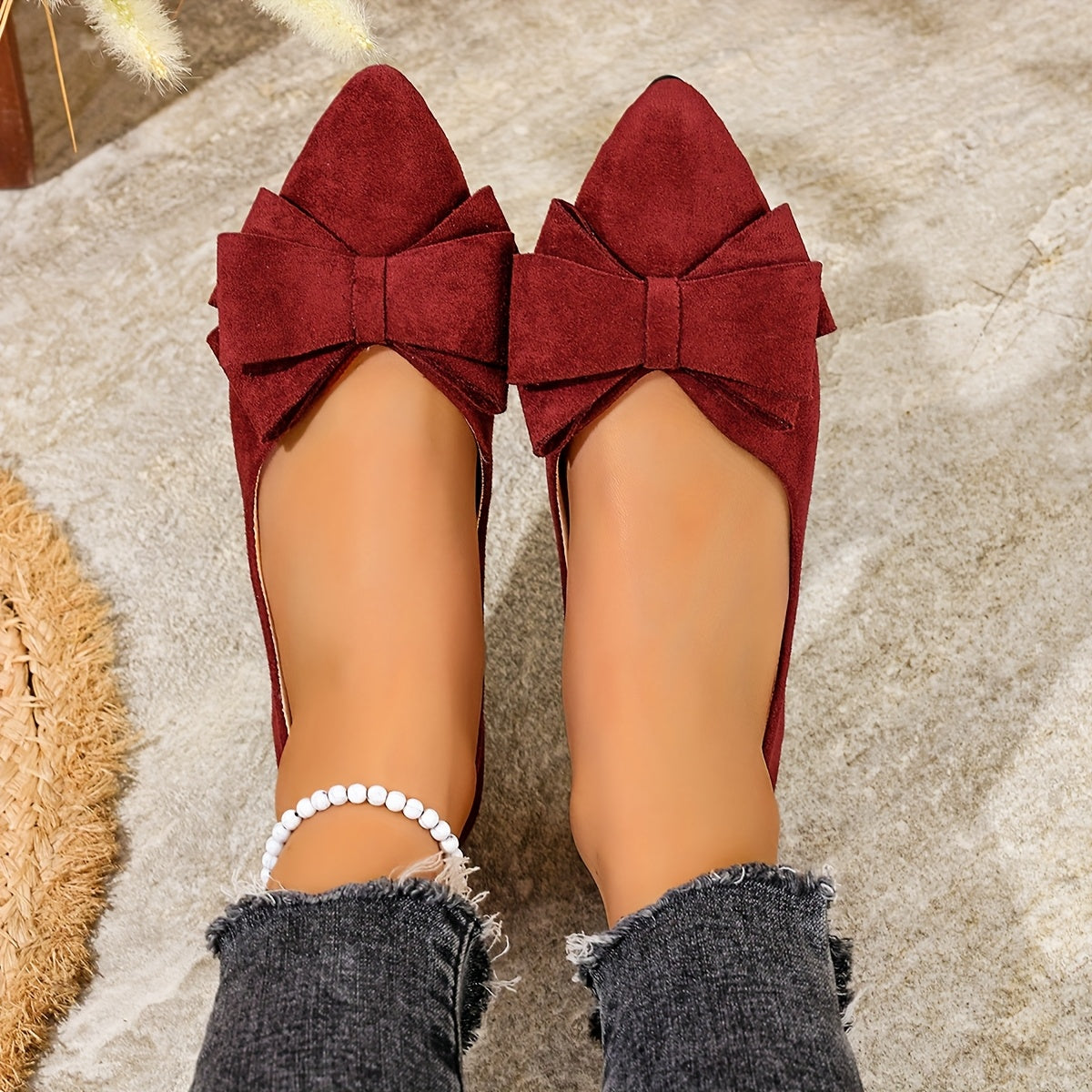 Women Black Bowknot Mary Jane Flats Leather Pointed Toe Slip-On Shoes