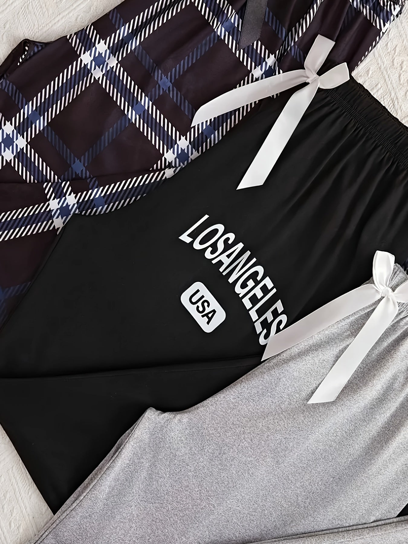 Plus Size Lounge Pants Women Letter and Plaid Print with Bow Elastic Waistband Set of 3