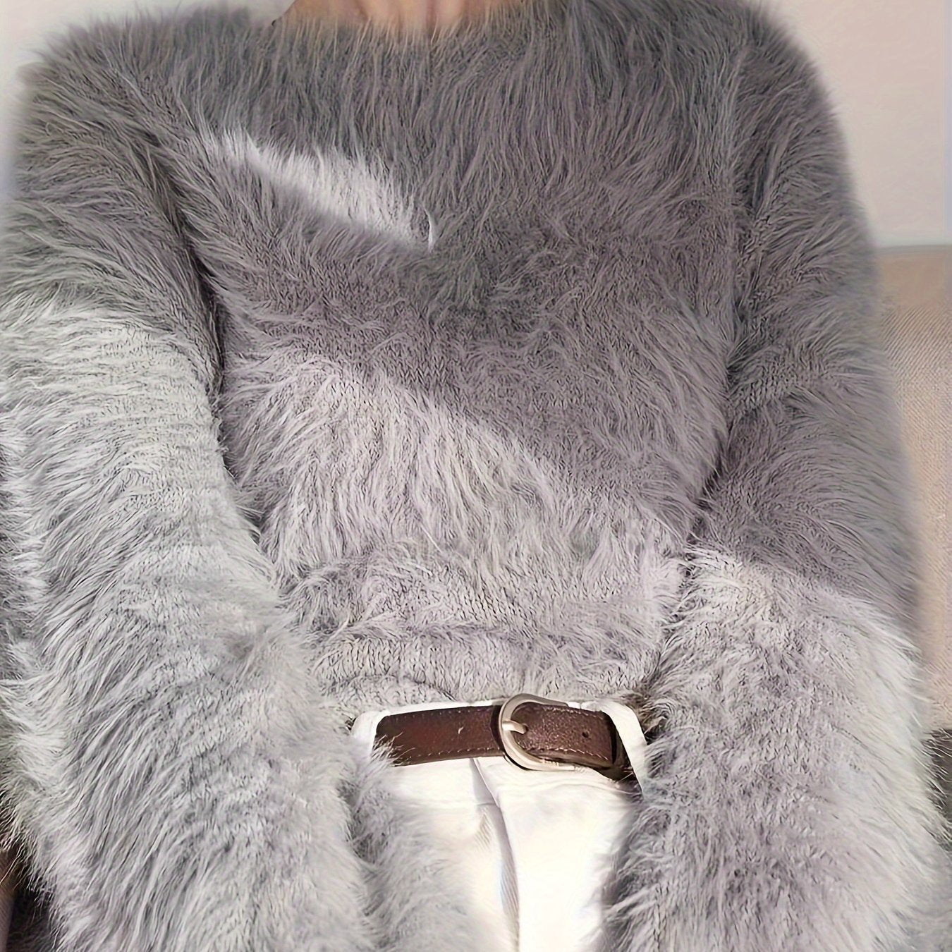 Women's Plus Size Faux Mink Long Fur Pullover Sweater Casual Solid Color Polyester Knit