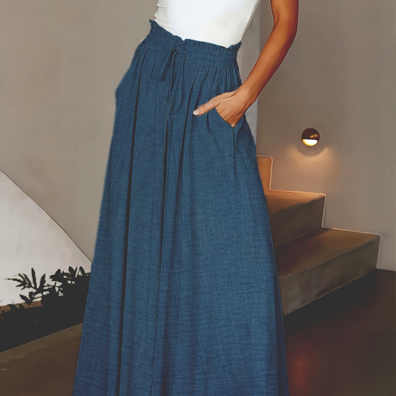 Ayollar uchun keng bo'yinli shimlar Polyester to'liq rangli yuqori bel Bahor Kuz Moda