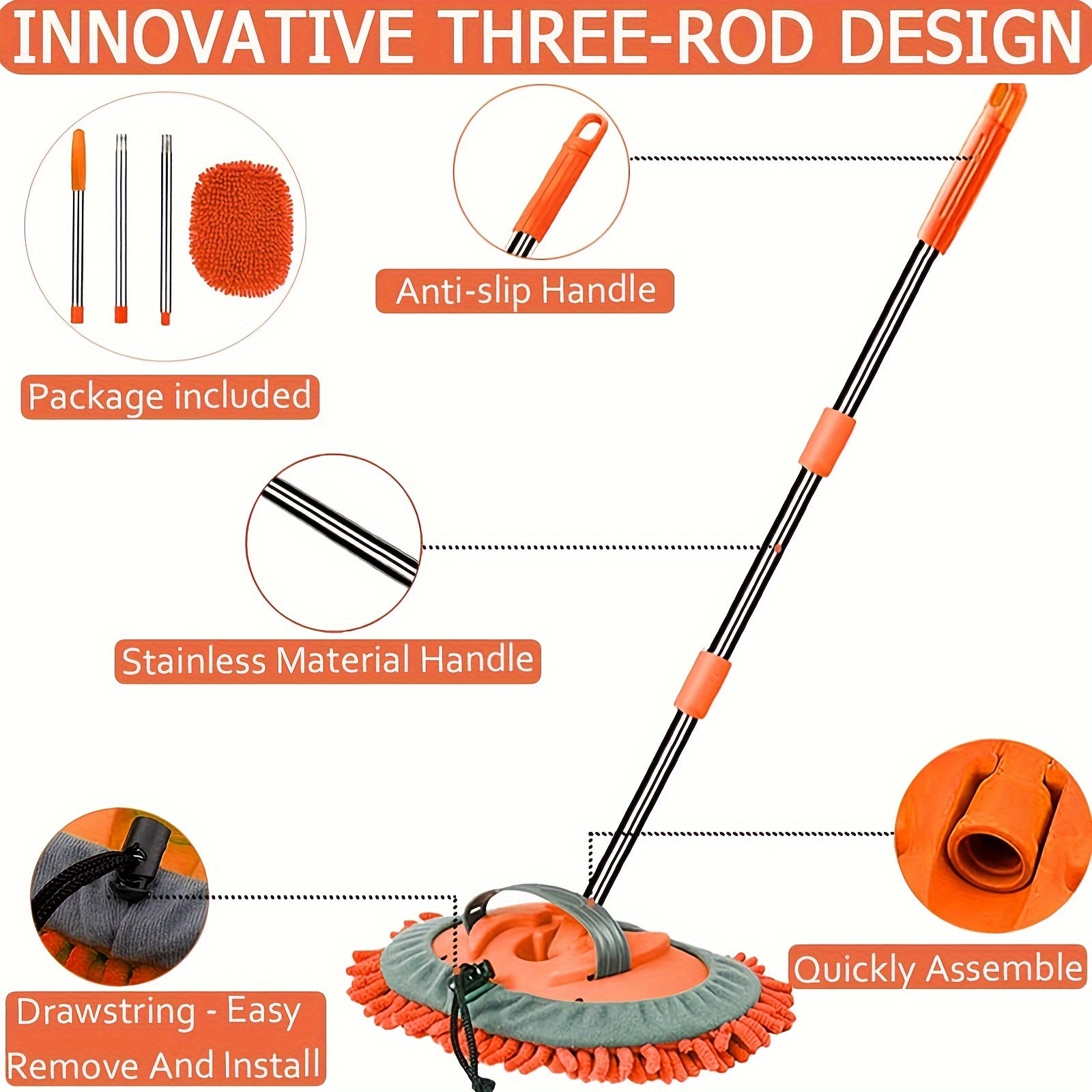 120.65cm Microfiber Car Wash Brush Set Long Handle 2-in-1 for Cars Trucks SUVs Boats