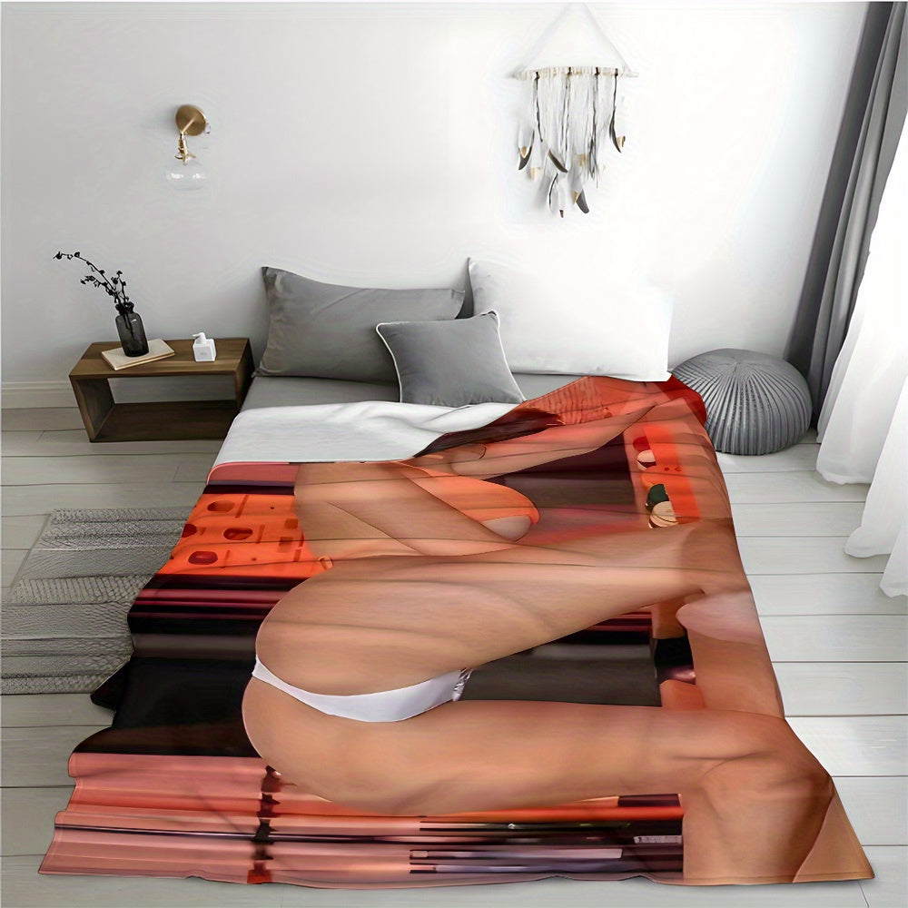Soft and Cozy Flannel Throw Blanket with Blonde Model Design for Living Room Bedroom Outdoor Camping