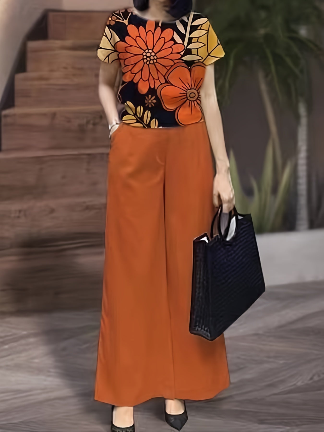 Conjunto de dos piezas para mujer con top de cuello redondo y pantalones de pierna ancha, primavera y verano, poliéster