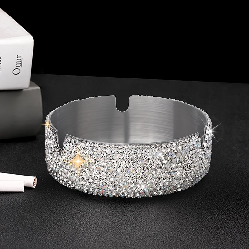 Unisex Rhinestone Studded Stainless Steel Ashtray for Home and Bar Use