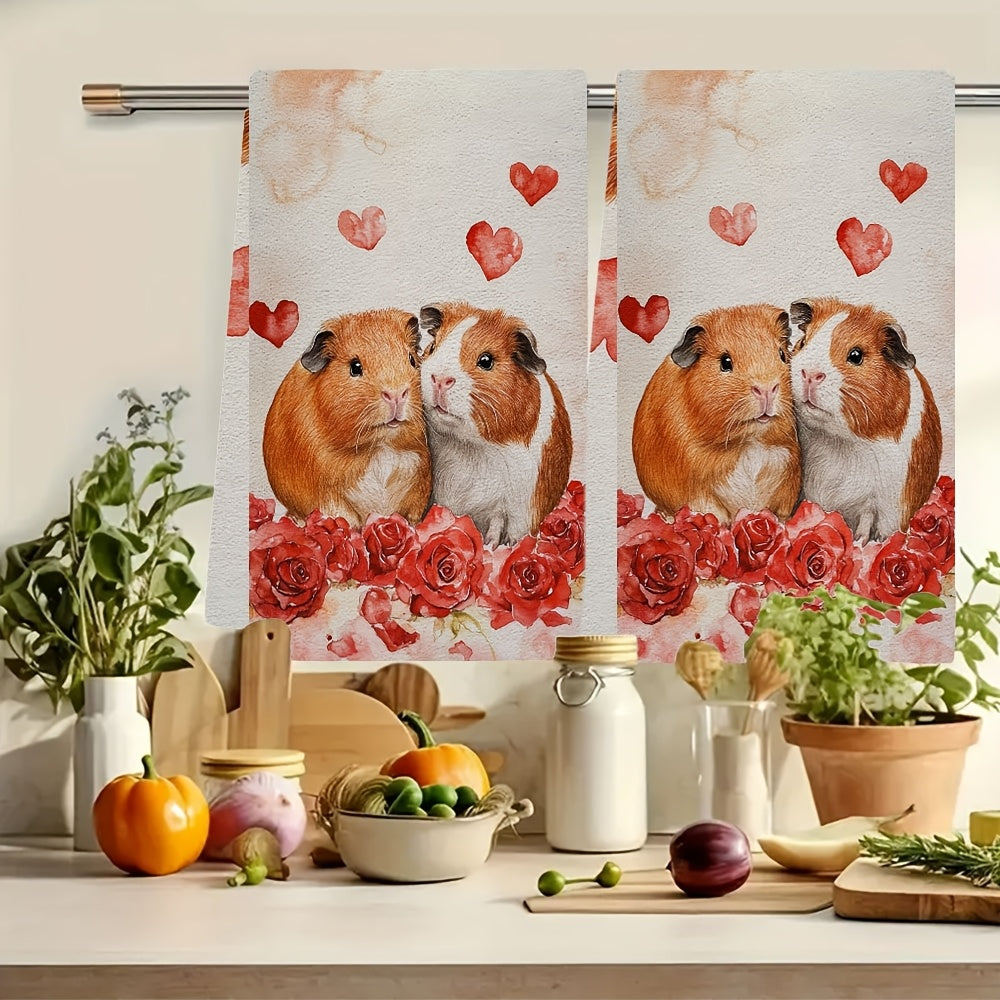 Guinea Pig and Rose Kitchen Towels Set, Soft Absorbent, 40x60 cm, Machine Washable
