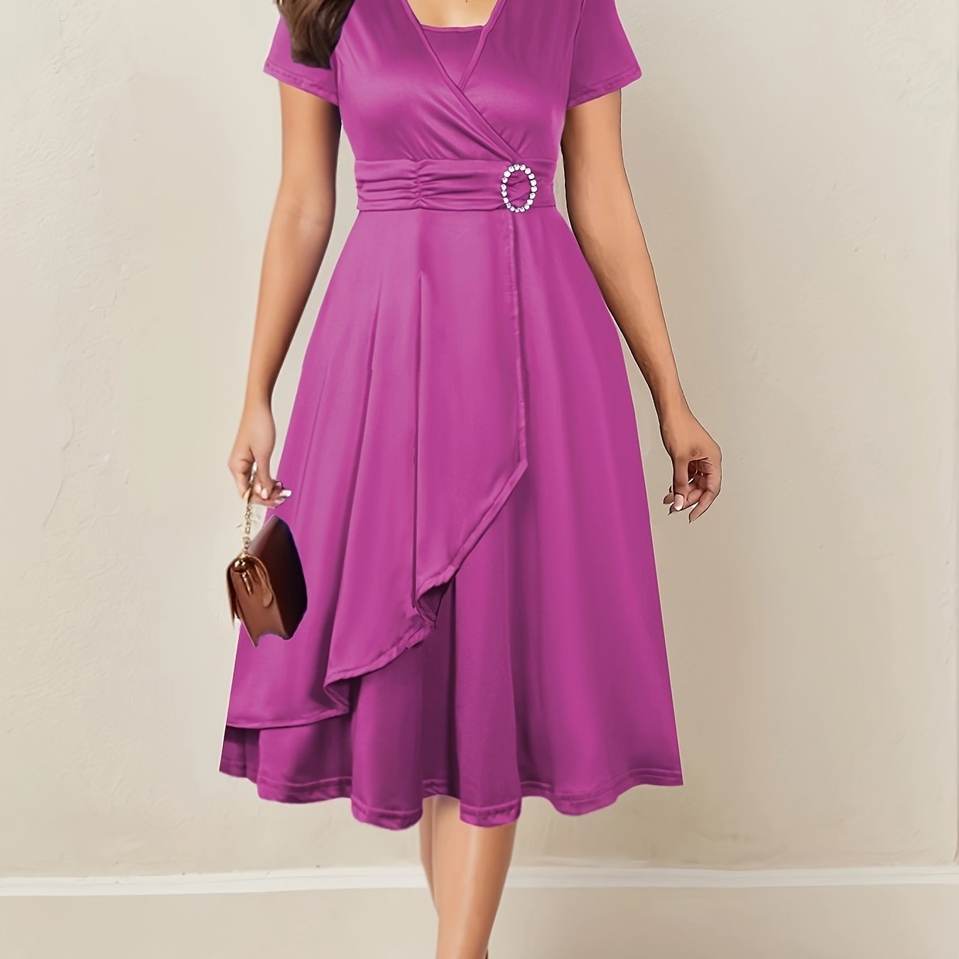 Women's Rhinestone V-Neck Dress with Asymmetrical Hem and Tie Waist