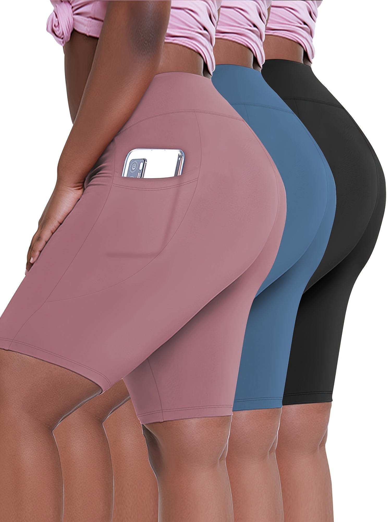 Plus Size High-Waisted Yoga Shorts Set with Pockets and Crescent Design