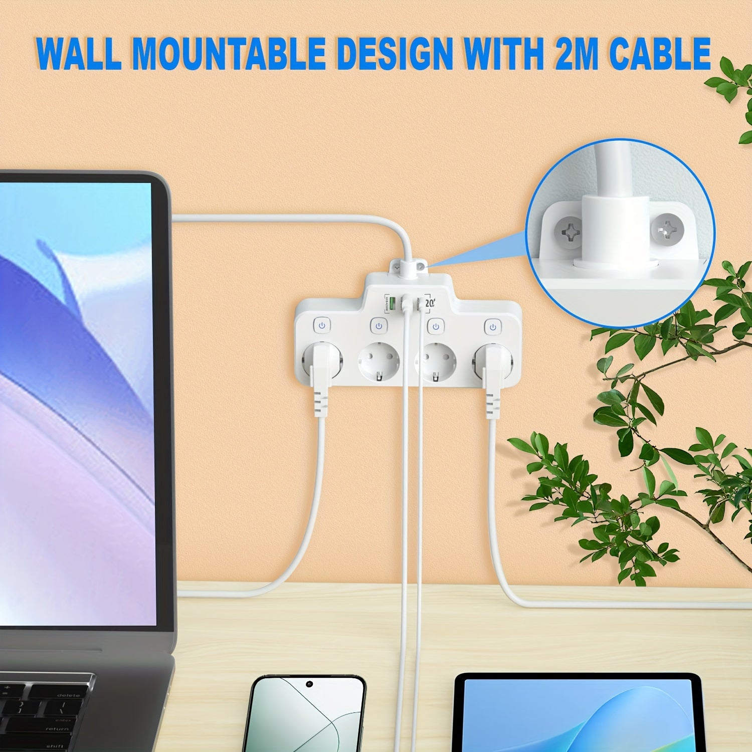 Power Strip with 4 Outlets USB Ports Surge Protector 2m Extension Cord European Plug