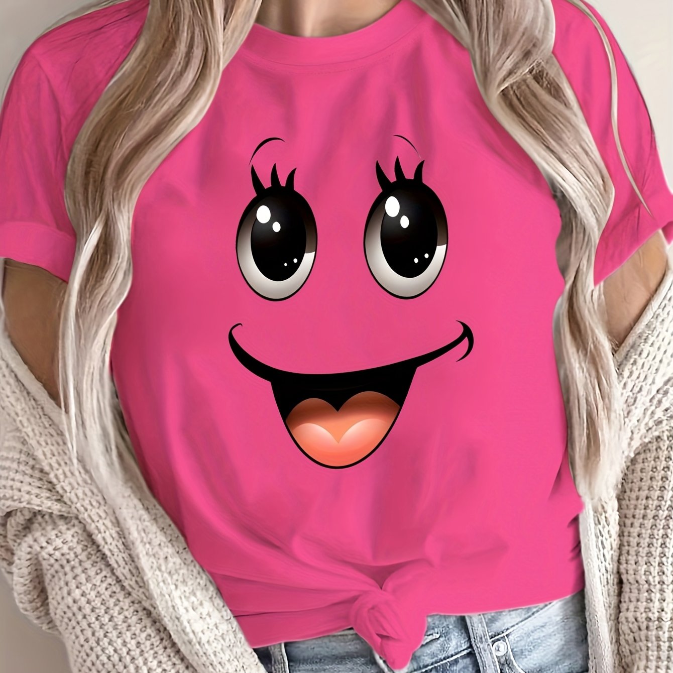 Women's Oversized Graphic T-Shirt Pink Cartoon Face Loose Fit Casual Summer