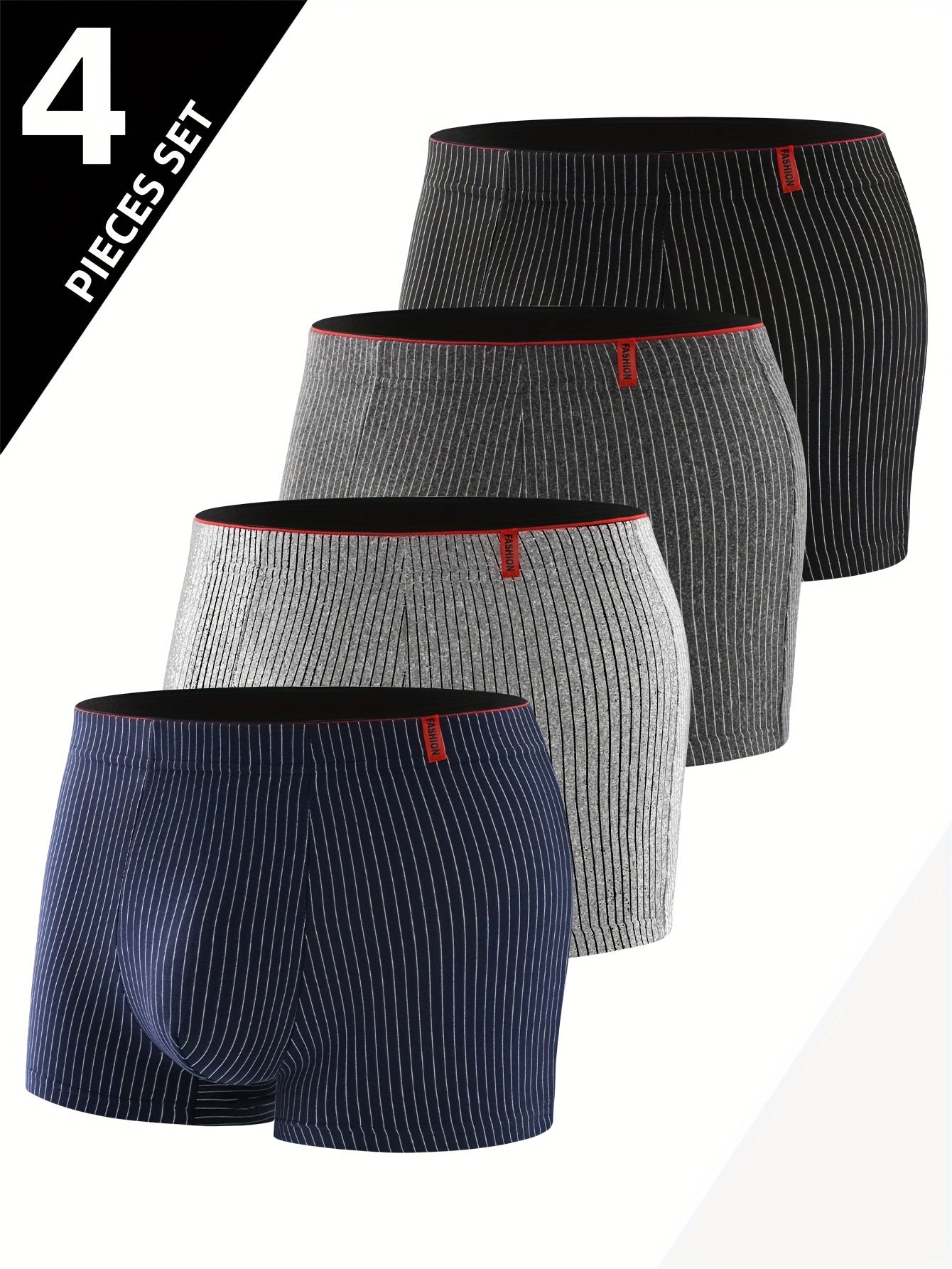 4-Pack Erkaklar uchun Chiziqli Bokser Shortlari, nafas oladigan, cho'ziluvchan polyester to'qima materialidan tayyorlangan, 92% polyester va 8% spandeksdan iborat, engil va qulay moslashuvchanlik uchun.