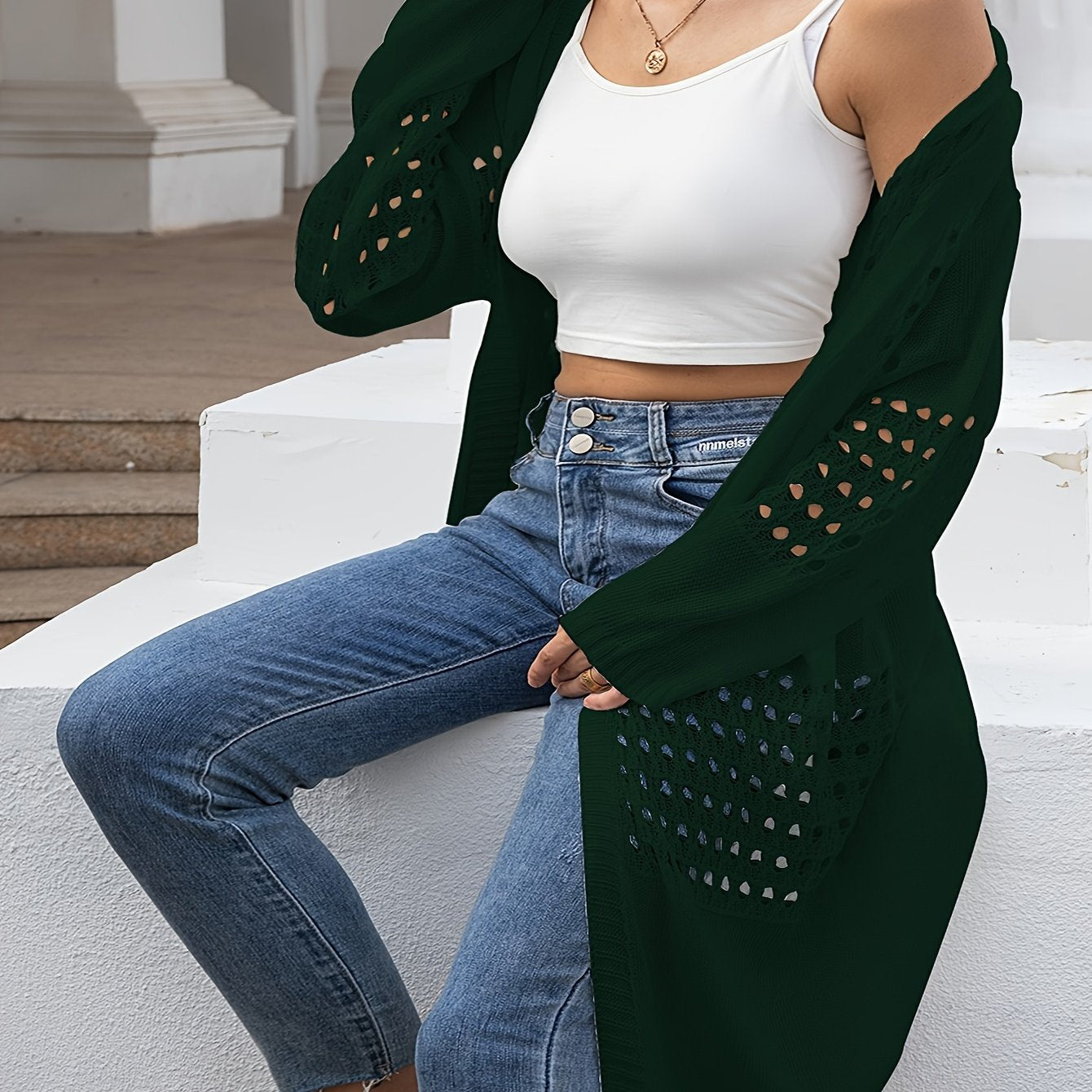 Cárdigan de punto para mujer talla grande con manga larga, abertura frontal y bordado, estilo flyaway