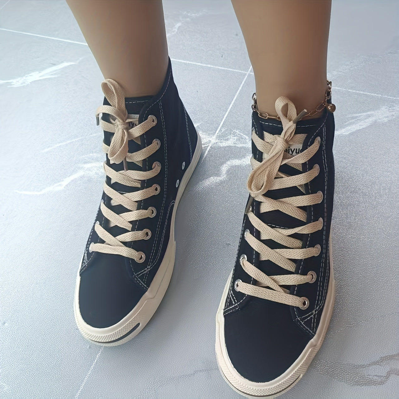 Women's Black High-Top Sneakers Breathable Fabric Casual and Work Shoes