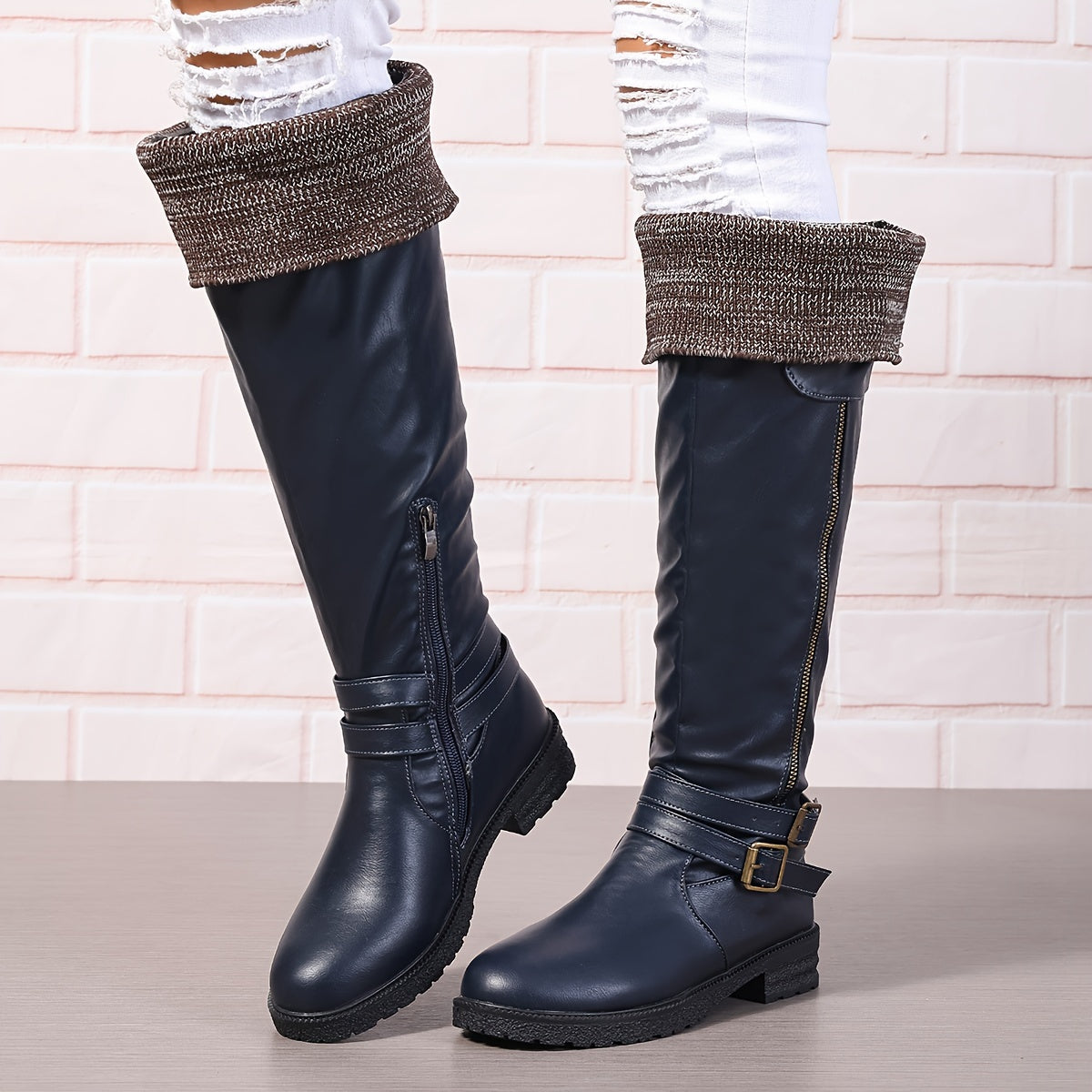 Women's Knit Long Winter Boots Brown Faux Cover Mid-Calf Chunky Heel