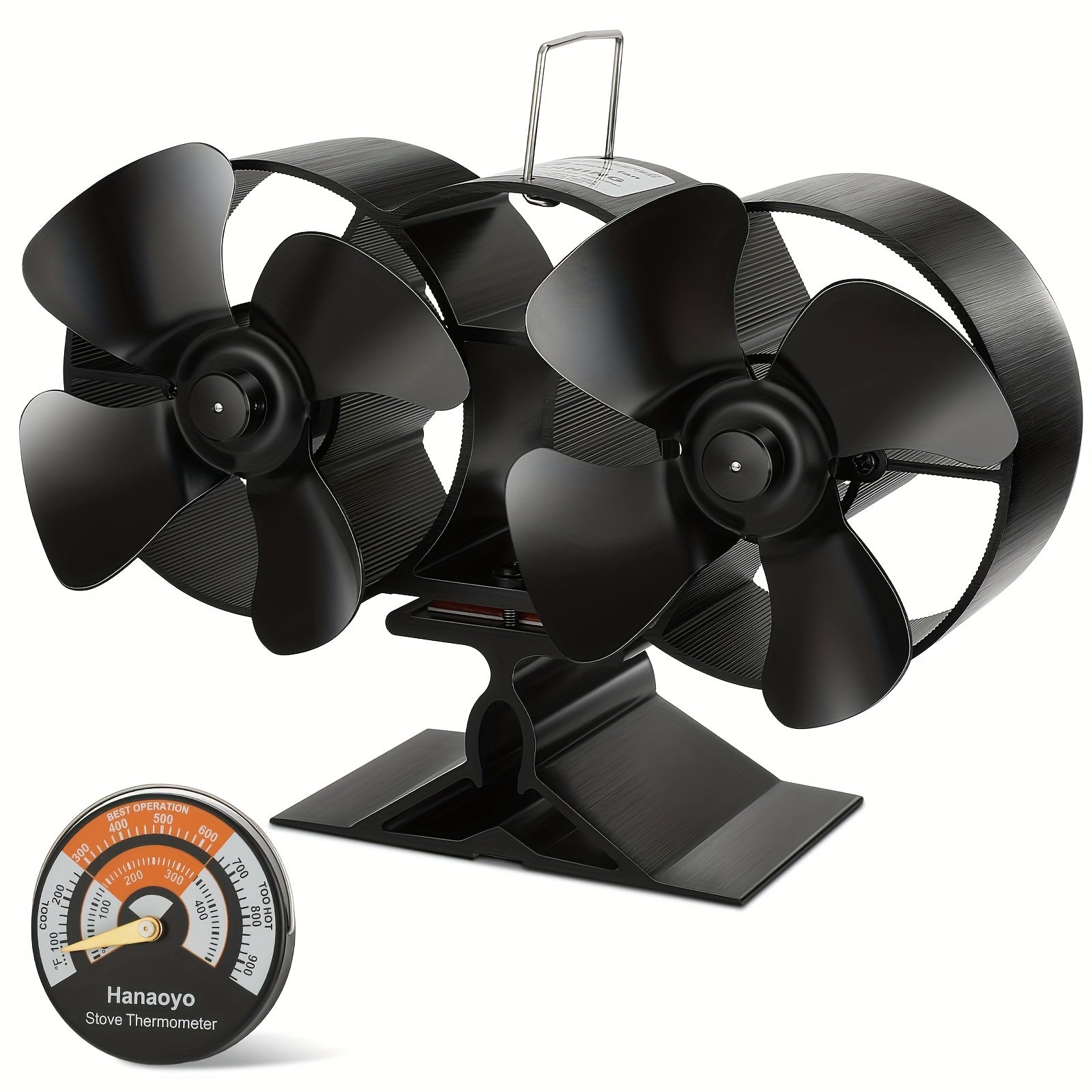 Wood Stove Fan with Dual Motors, Heat Powered Fireplace Fan, Magnetic Thermometer